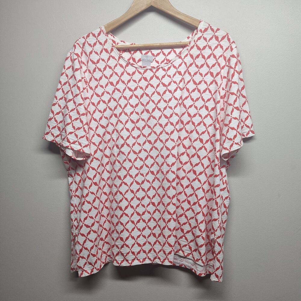 Chico's Top Women Size XL (3) White Red Short Sleeve Jersey Spring Casual